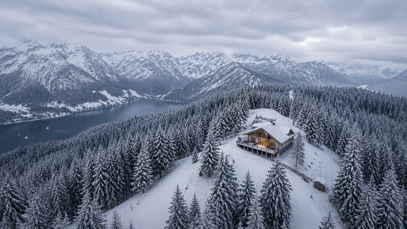 A snow-covered mountain home surrounded by forest and steep terrain